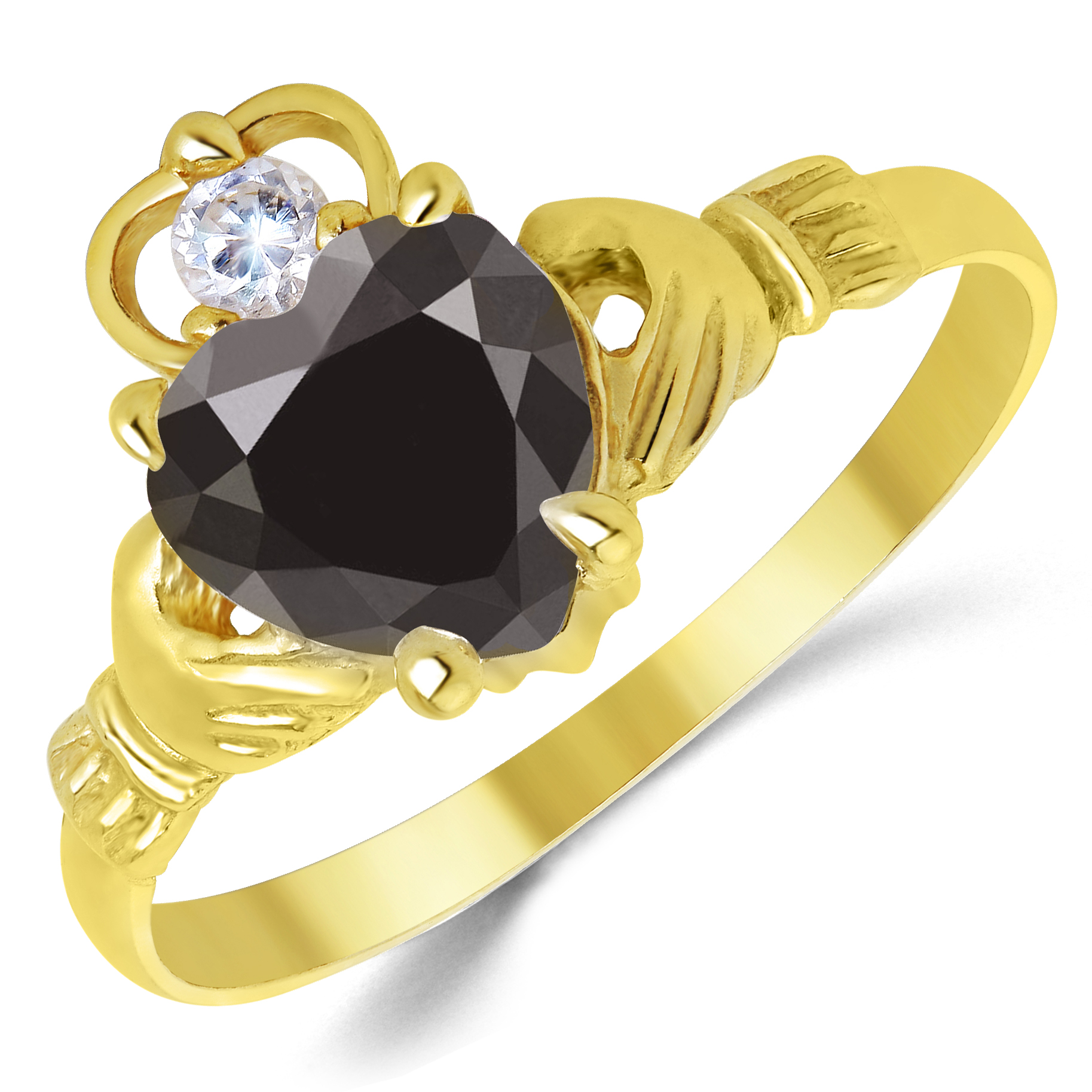14K Yellow Gold Black Heart Shape CZ Claddagh Ring Ct
